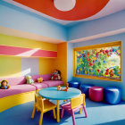 Colorful Children's Playroom with Multicolored Walls and Rainbow Ceiling