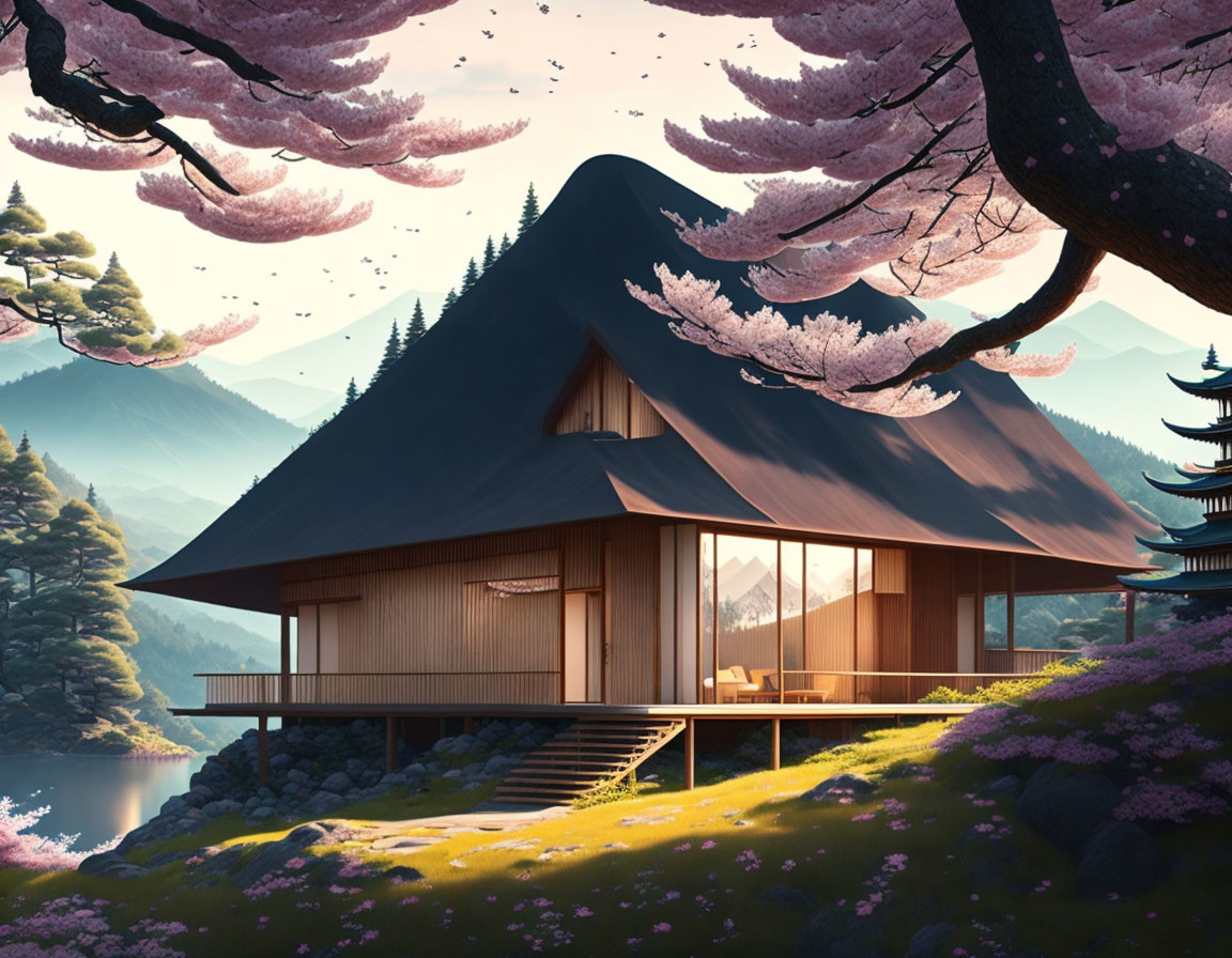 Japanese House Surrounded by Cherry Blossoms, Lake, and Mountains