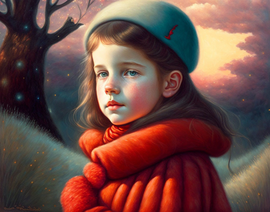 Young Girl in Green Beret and Red Coat Digital Artwork