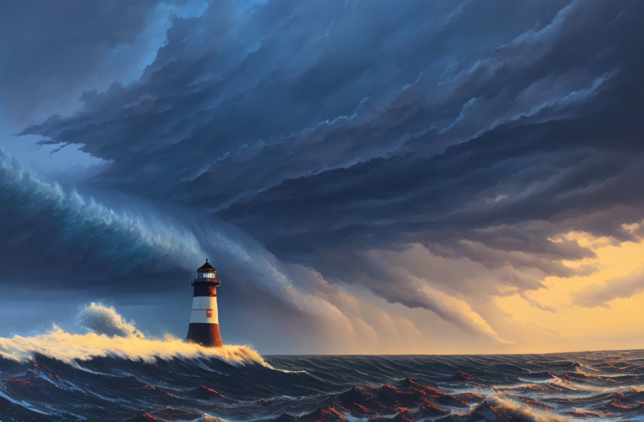 Lighthouse in stormy sea under dramatic sky