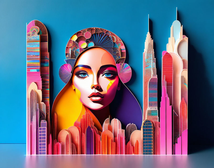 Colorful Abstract Digital Art: Stylized Female Face with Skyscraper Forms