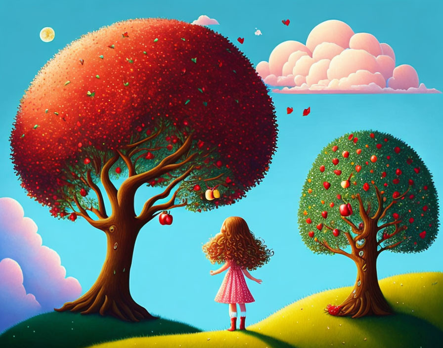 Whimsical artwork of girl in polka dot dress with vibrant trees and pink clouds