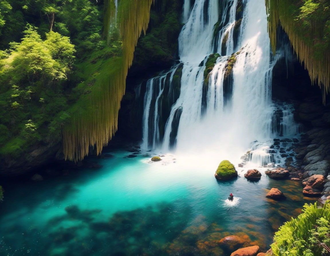 Swimmer in turquoise pool by lush waterfall