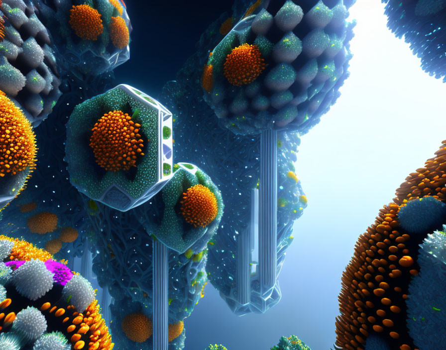 Surreal 3D illustration of geometric structures with textured spheres and tubes on blue background