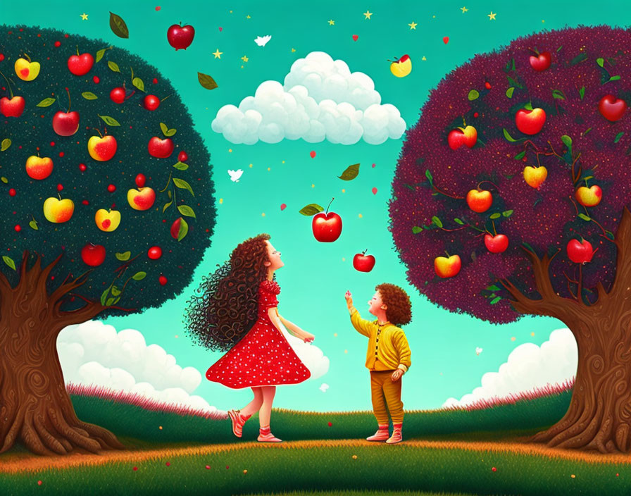 Colorful illustration of girl and boy under apple trees in magical landscape