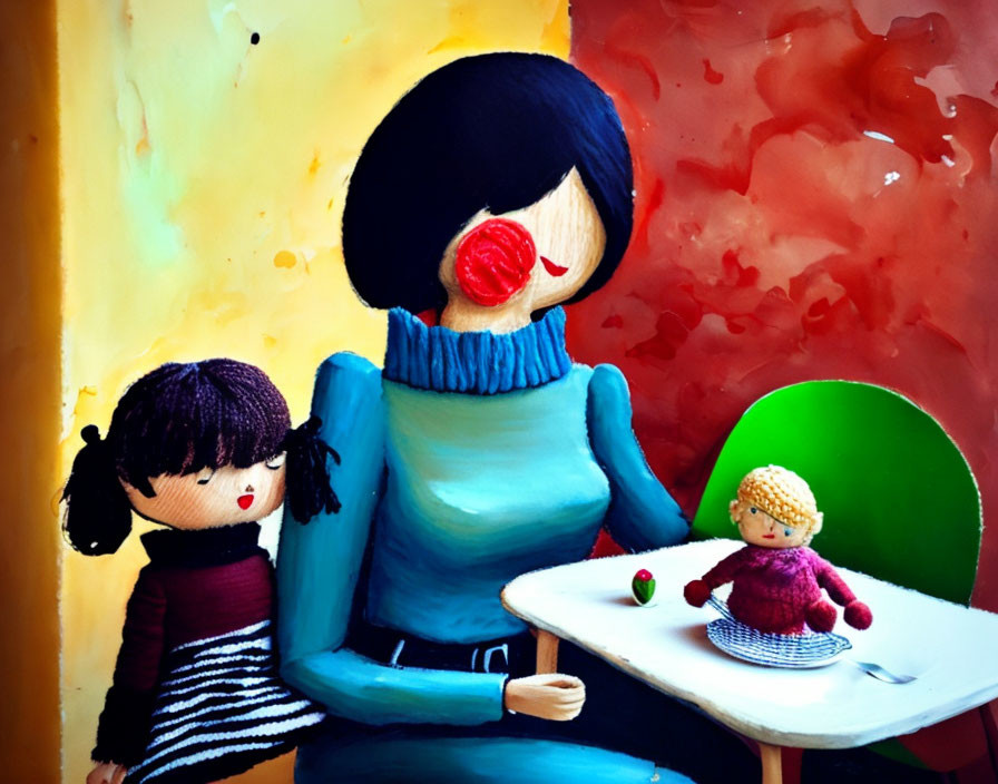 Knitted mother and child dolls with tiny companion on abstract backdrop