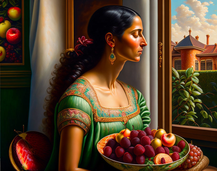 Traditional Attire Woman Holding Fruit Bowl by Window