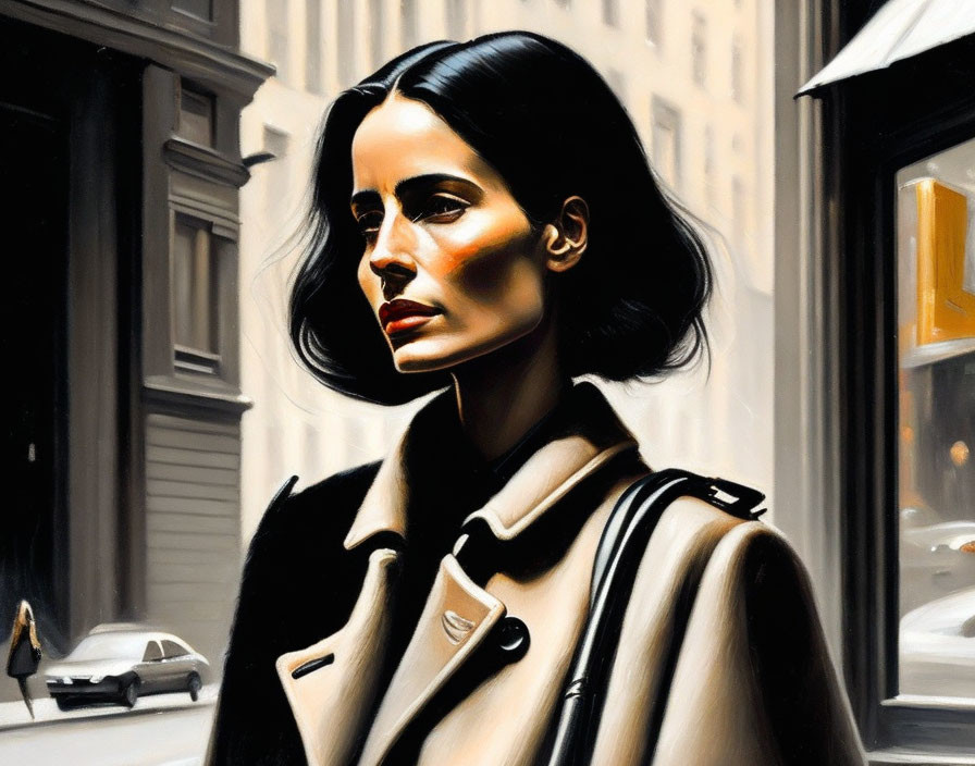 Stylized painting of woman in trench coat on city street