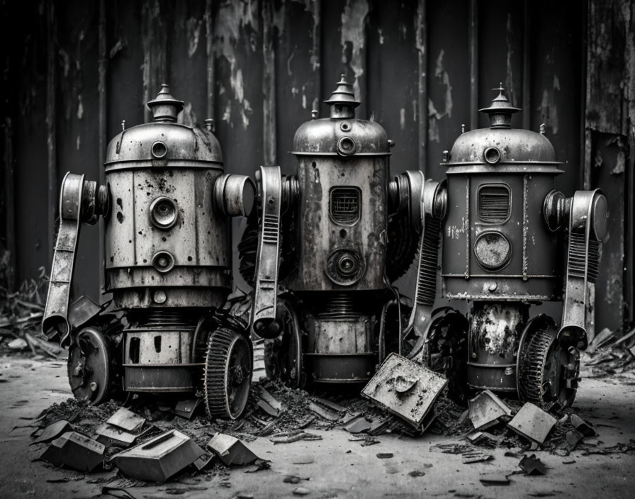 Vintage-Style Robots in Dystopian Setting with Mechanical Debris