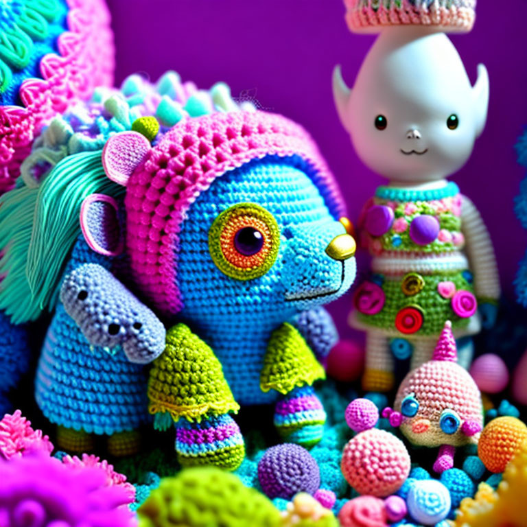 Vivid Crocheted Toys on Purple Background: Bear, Ghost, and Cute Figures