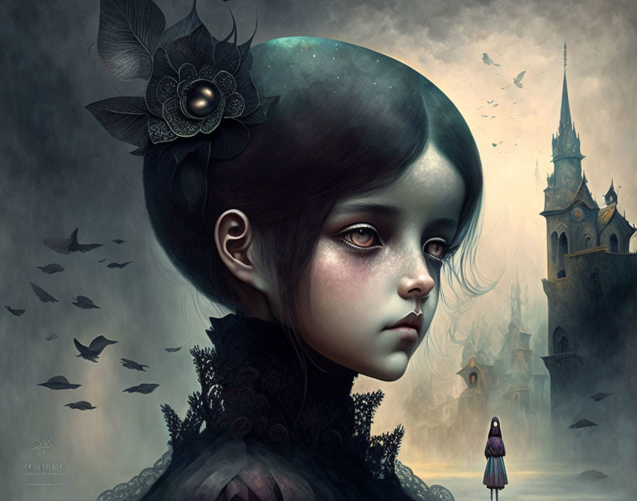 Digital artwork of somber girl with large eyes and flower in hair, set in gloomy castle scene