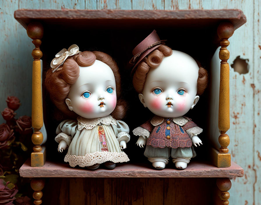 Vintage porcelain dolls with elaborate hairstyles and dresses on wooden shelf