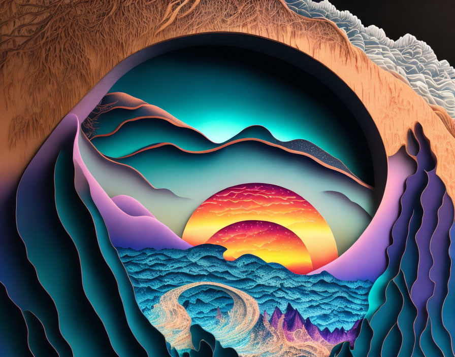 Vibrant layered landscape art: mountains, waves, sunset