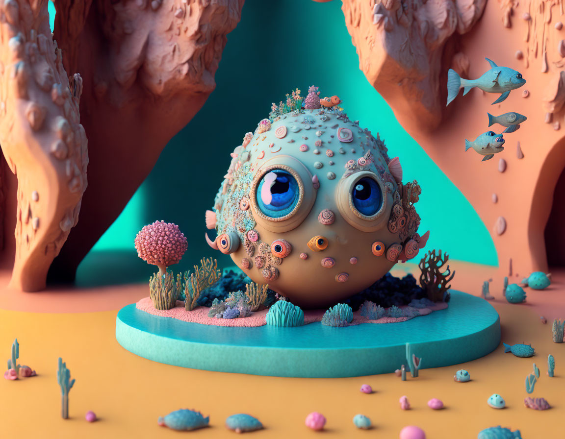 Colorful 3D illustration of round creature with coral textures in underwater scene