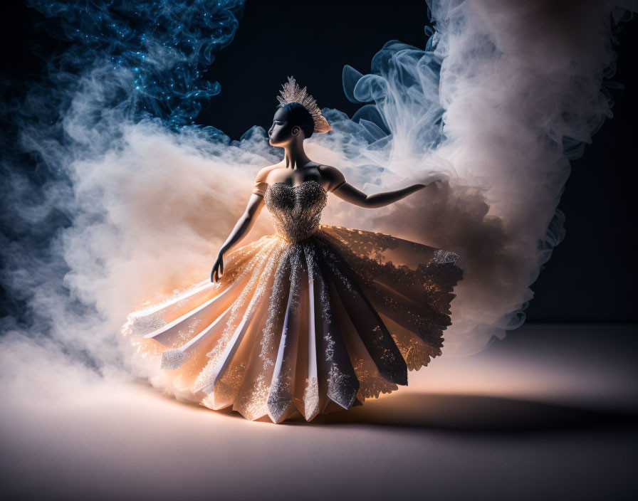 Ballerina figurine in sparkling dress with swirling blue smoke on dark backdrop