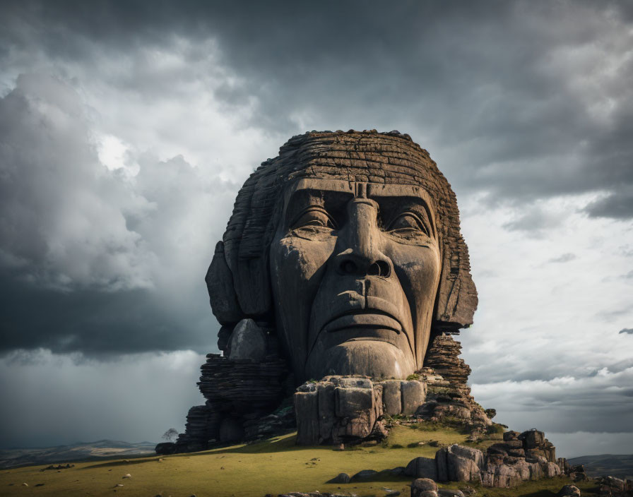 Massive stone face against dramatic sky in grassy landscape