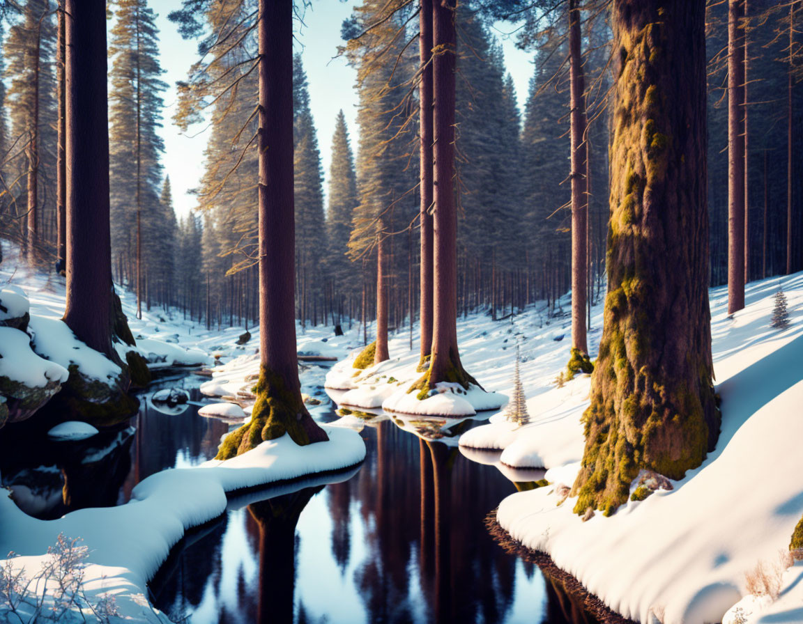 Tranquil pine forest with sunlight filtering through