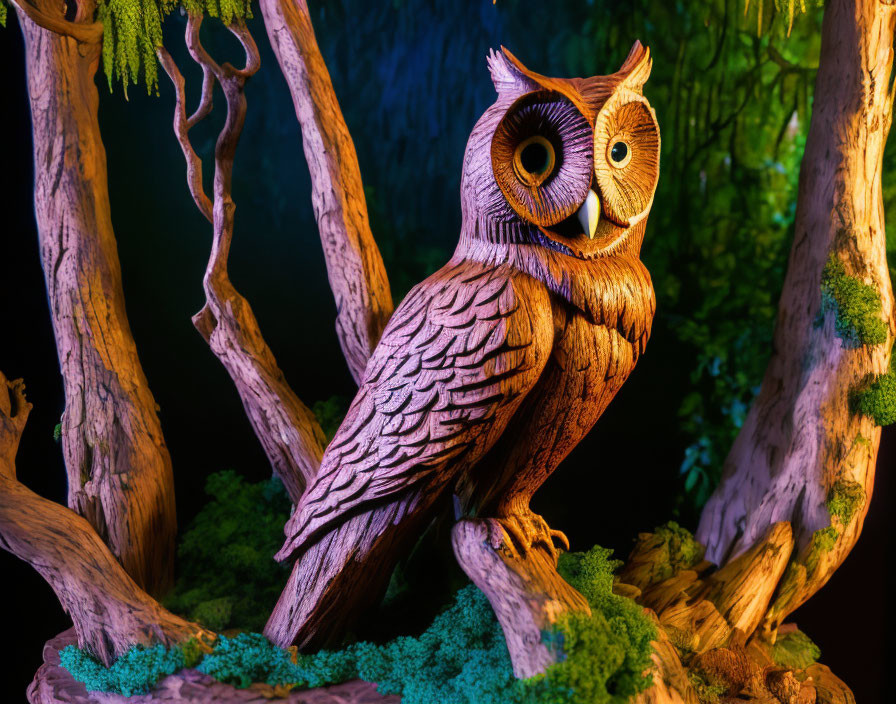 Wooden Owl Sculpture Perched on Branch in Forest Setting With Warm Lighting