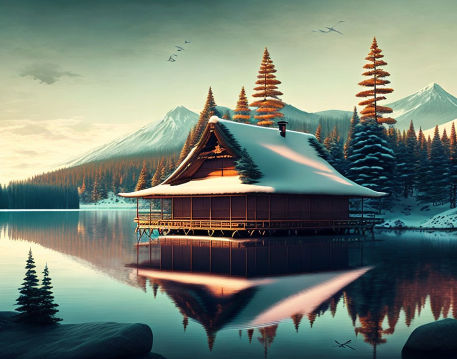 Snow-covered cabin by still lake at dusk or dawn with pine trees, mountains, and flying birds