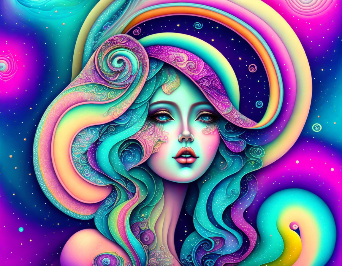 Colorful digital art: stylized woman with swirling hair on starry, psychedelic backdrop.