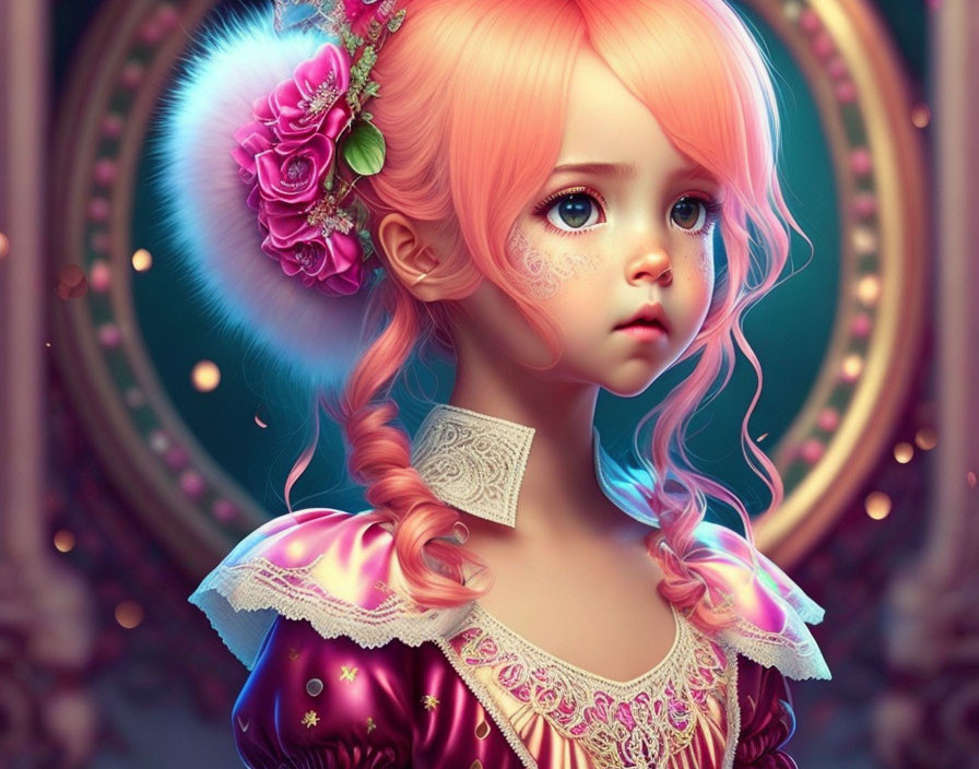 Young girl with pink hair in Victorian dress against circular backdrop