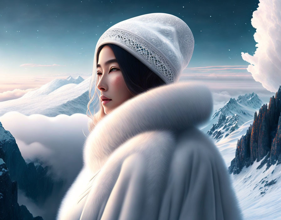 Asian woman in white winter attire with snow-capped mountains and clouds.