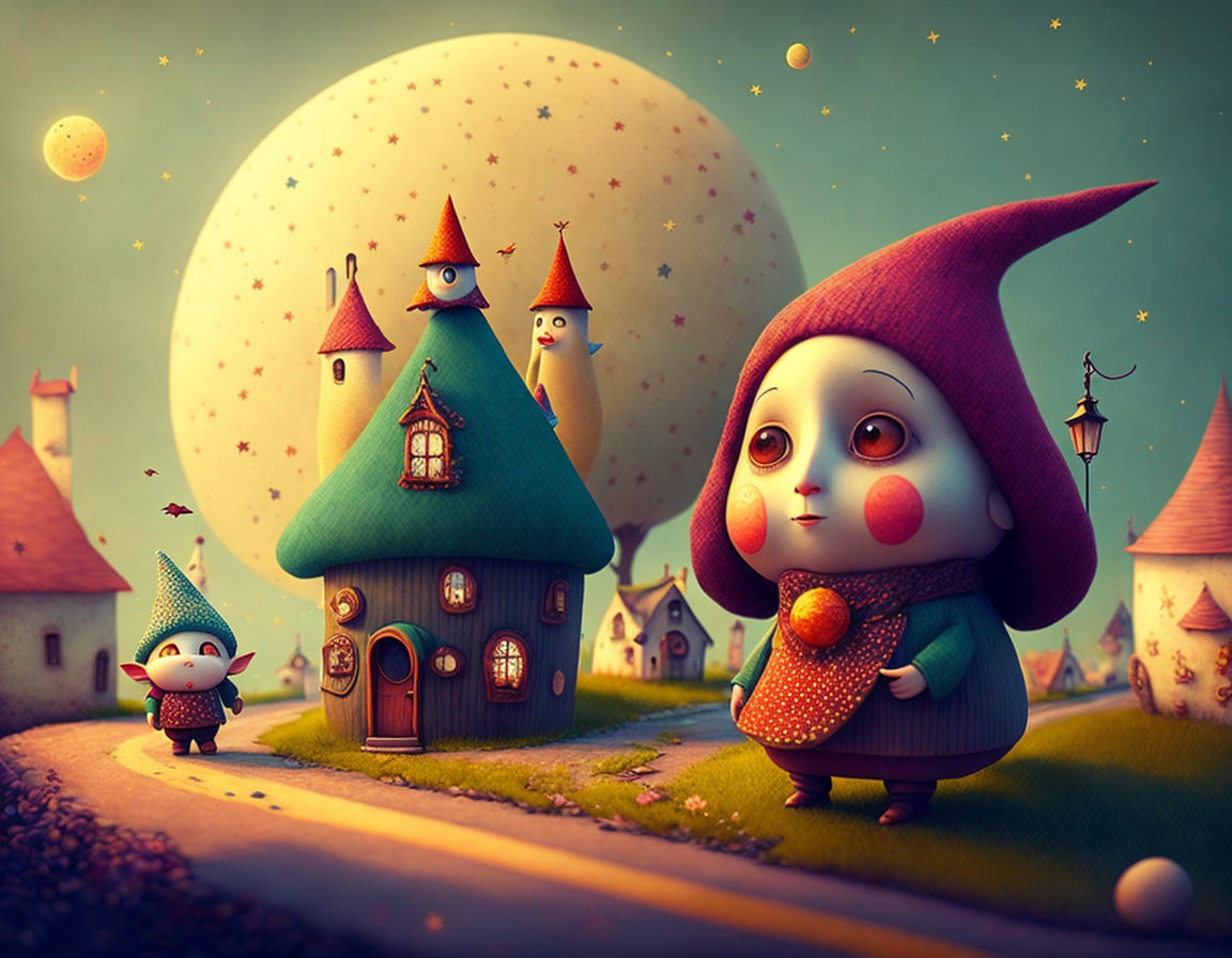 Colorful fantasy landscape with stylized characters and whimsical houses.