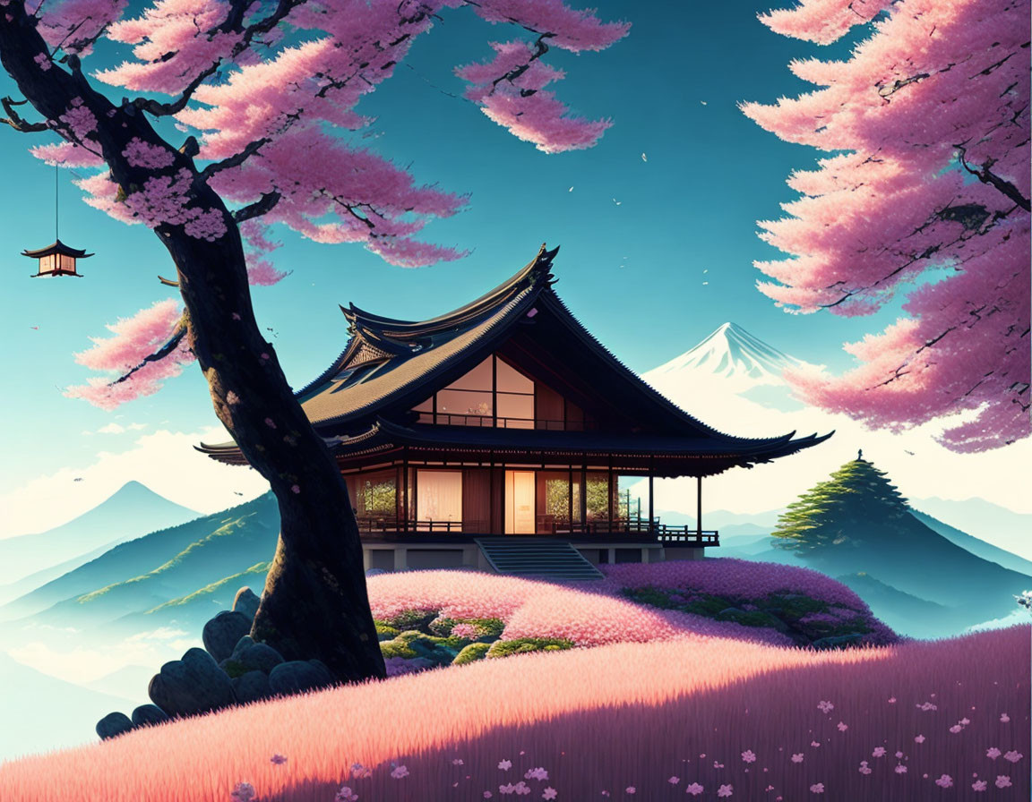 Japanese House with Pagoda Roof Surrounded by Cherry Blossoms and Mount Fuji