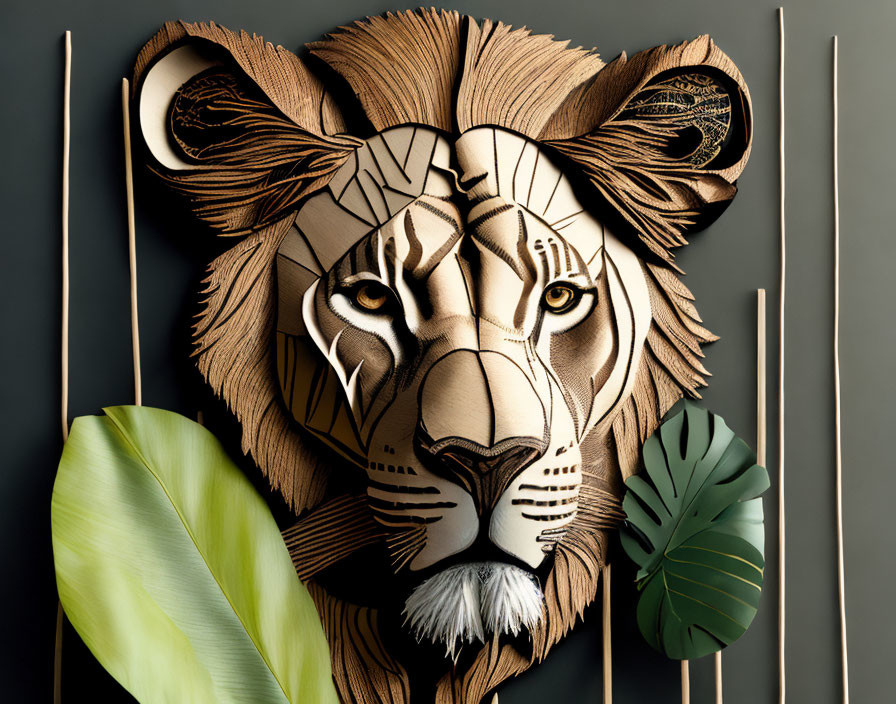 Paper Art Lion Face with Geometric Patterns and Tropical Leaves