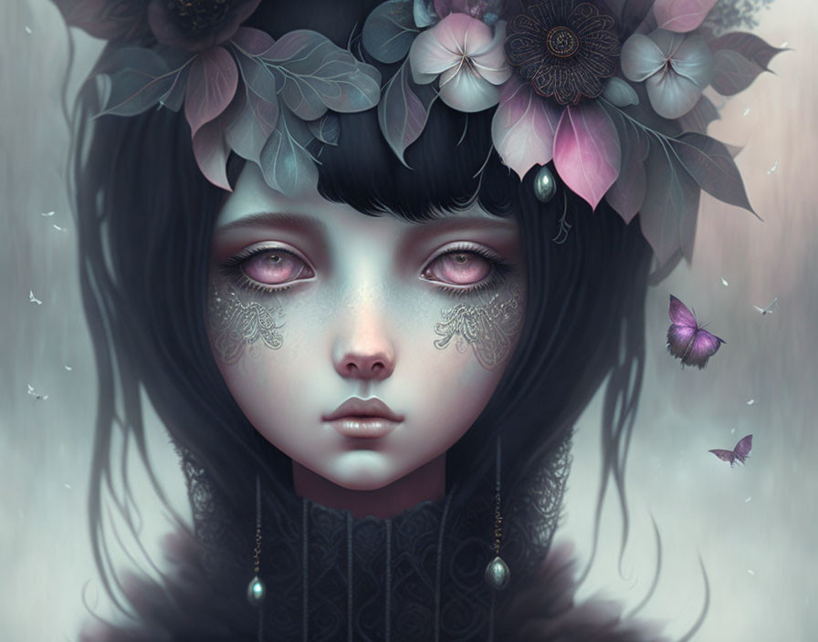 Surreal portrait of girl with expressive eyes and floral crown