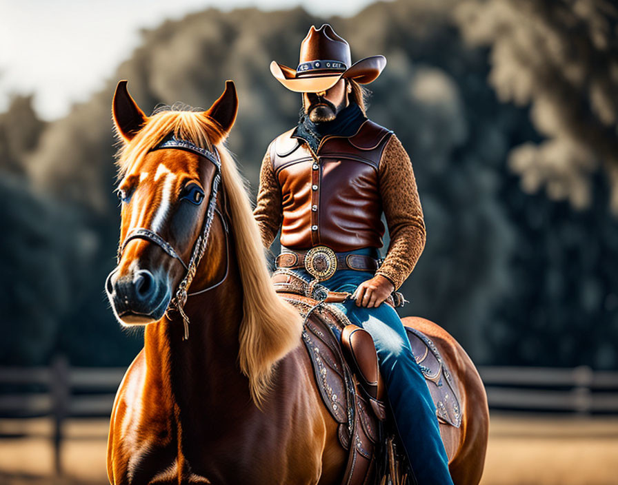 Traditional Cowboy on Chestnut Horse in Sunlit Forest