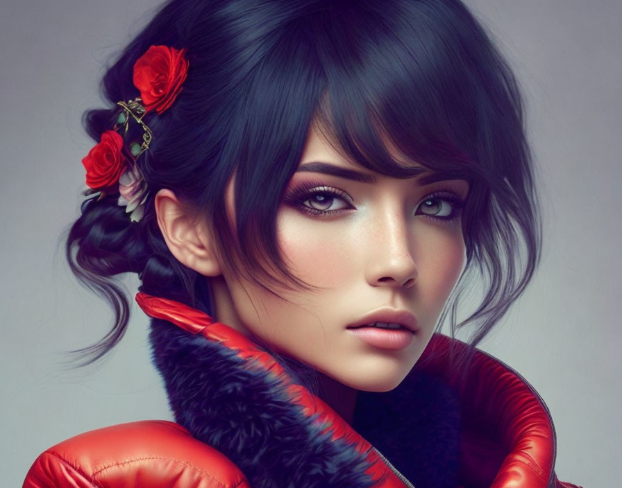 Portrait of woman with green eyes, dark hair, red flowers, red outfit, black fur