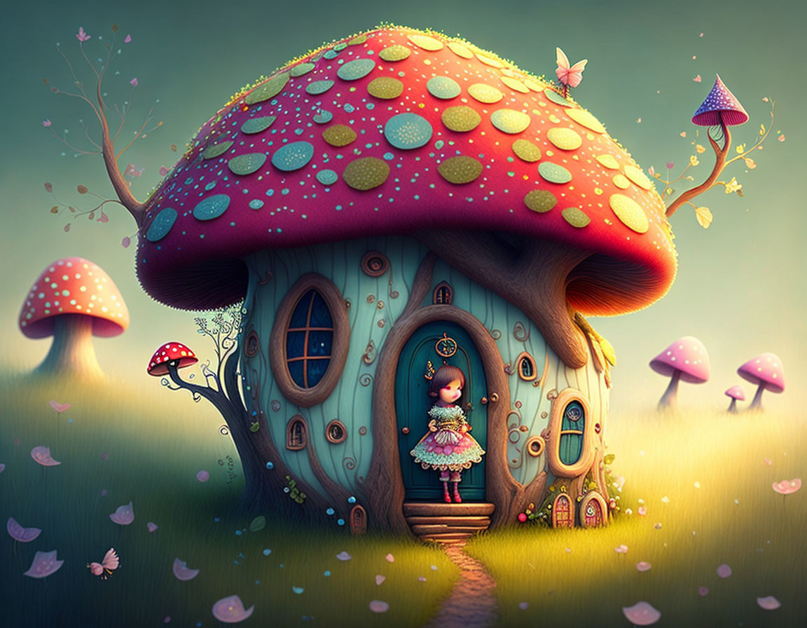 Whimsical Mushroom House Illustration with Colorful Dots and Nature Scene