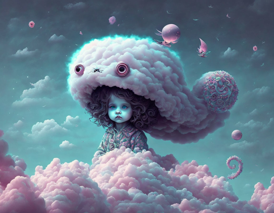 Surreal image of child with glowing blue eyes and cloud-like creature in dreamy setting