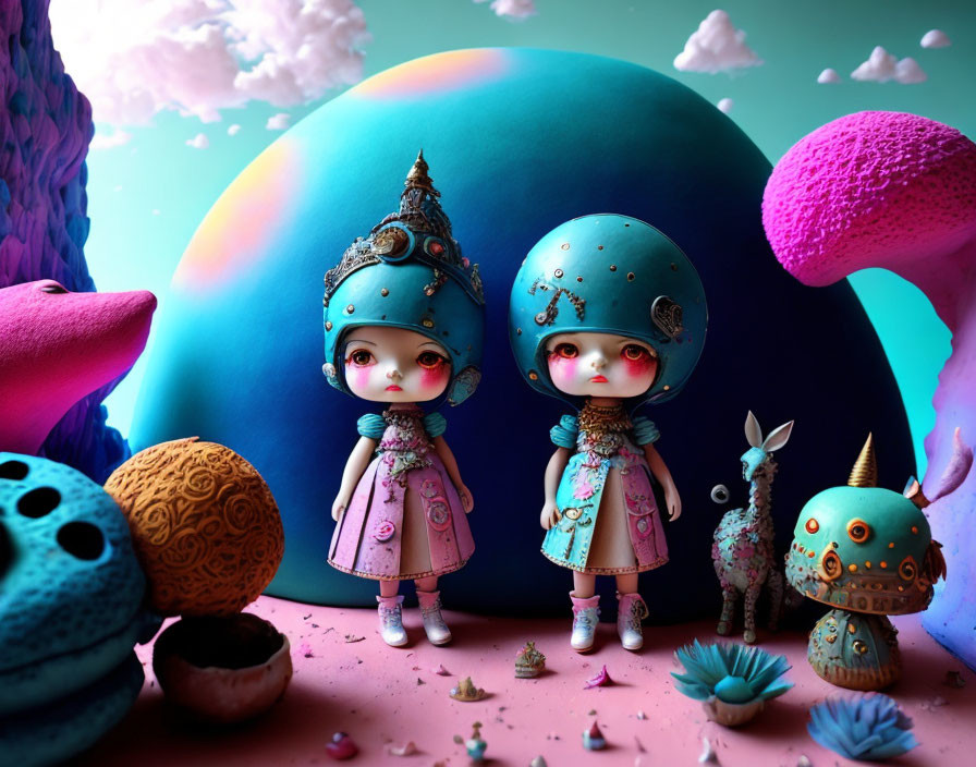 Whimsical dolls in turquoise outfits in fantasy landscape