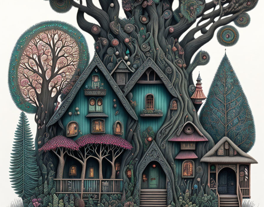 Detailed whimsical treehouse illustration with stylized foliage and patterned trees