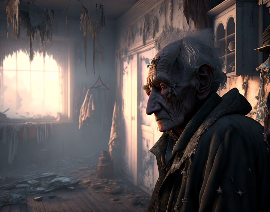 Elderly man in somber expression in rundown room with sunlight.