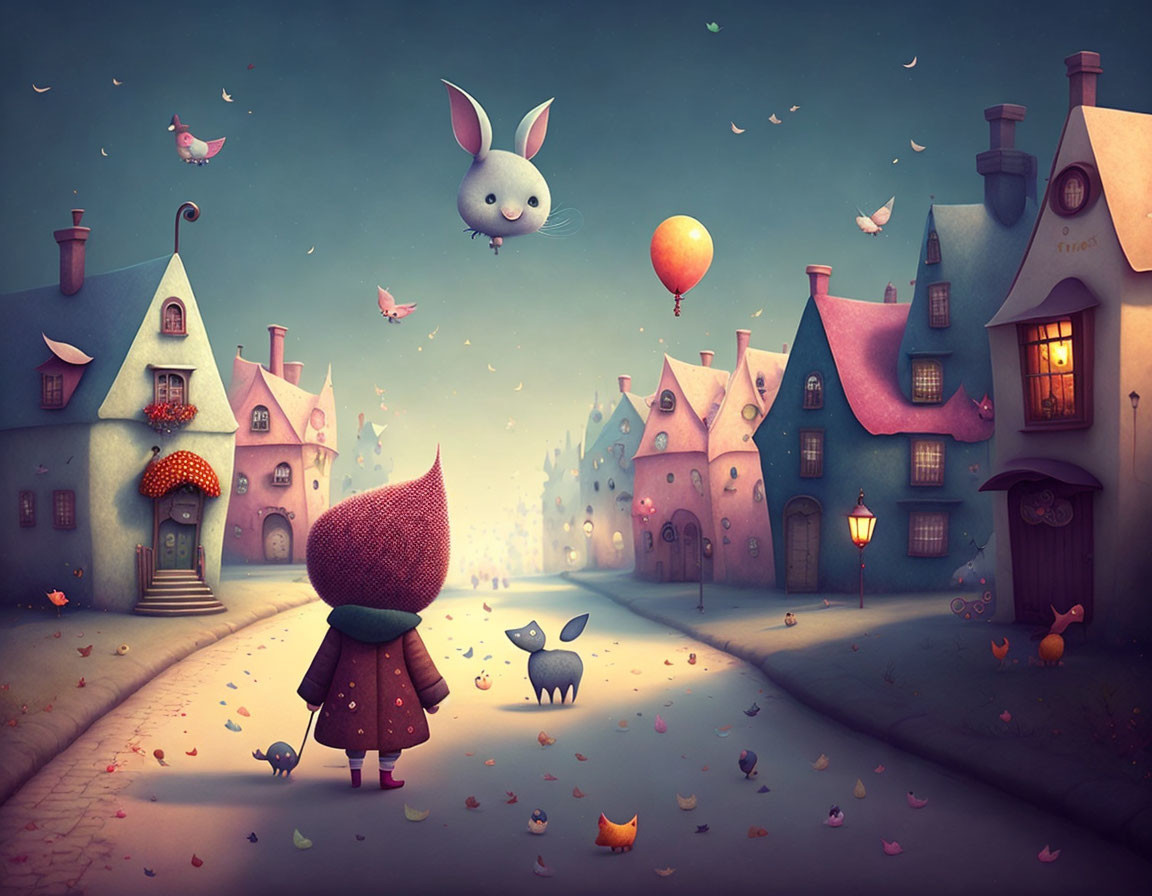 Illustration of character in red cloak with pet in magical village with floating animal balloons and glowing streetl