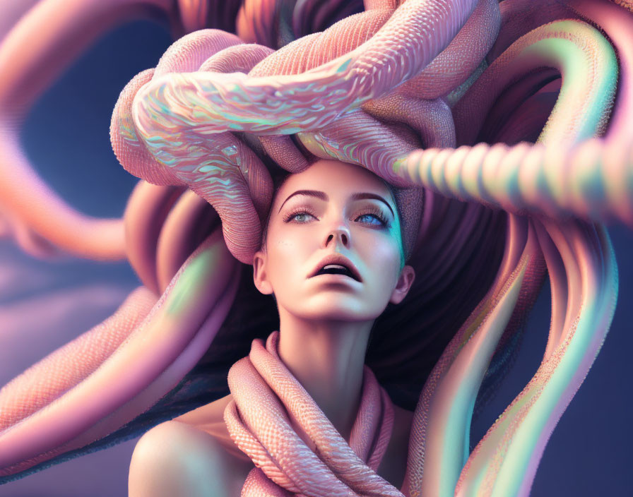 Woman in surreal, colorful setting with intertwined ribbons