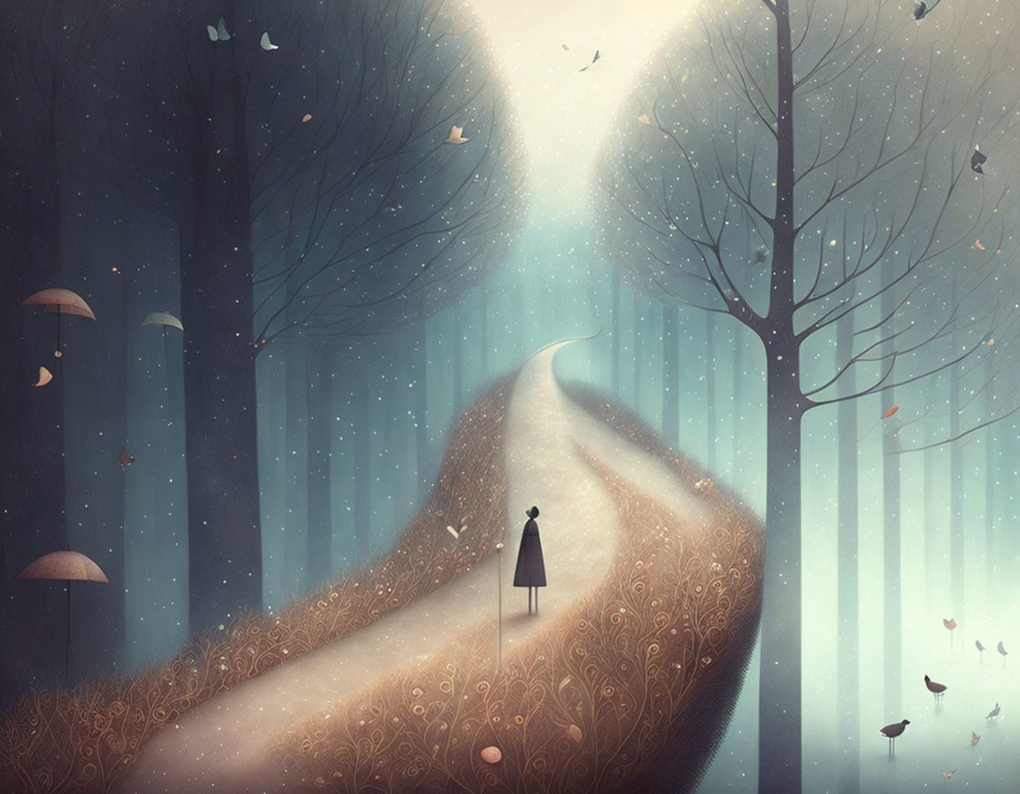 Solitary figure on winding path through mystical forest with towering trees and floating leaves.