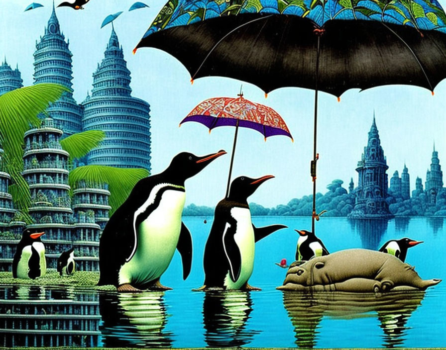 Penguins and Hippo in Whimsical Waterfront Scene