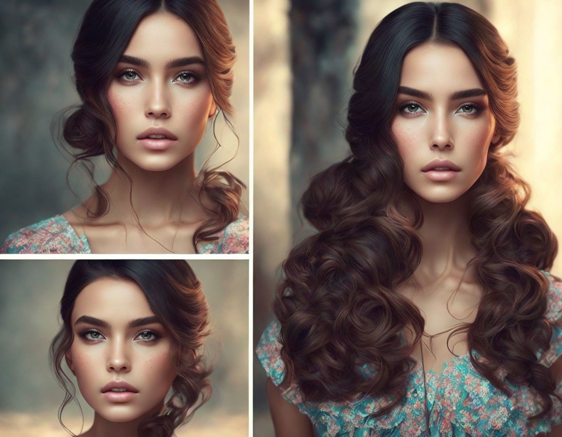 Collage of Three Portraits: Woman with Voluminous Curly Hair and Striking Makeup