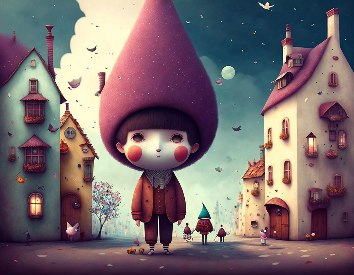 Child with pointed hat in whimsical fairy-tale village illustration