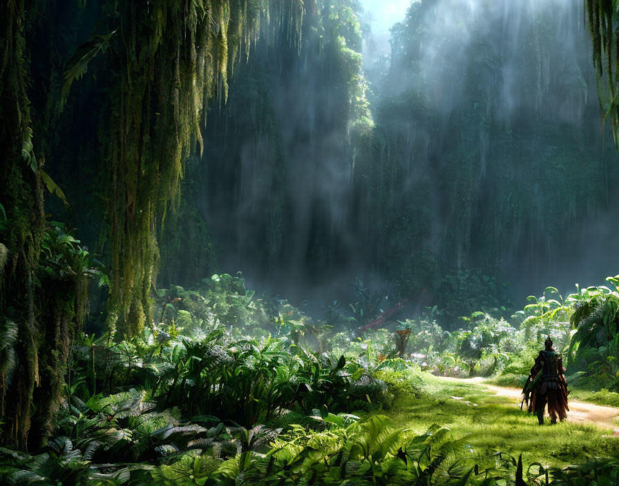 Armored figure in lush green forest with sunbeams and tall trees.