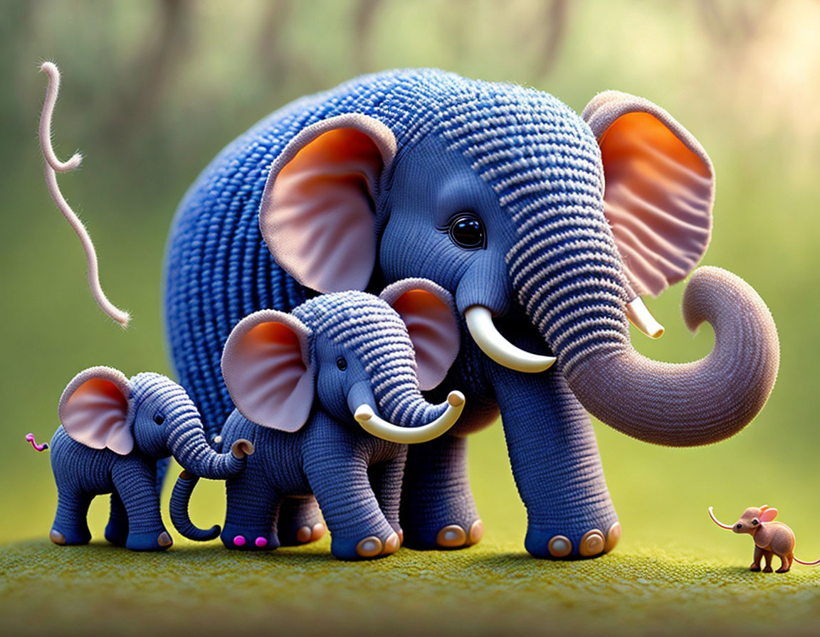 Blue Knitted Texture Elephant Family Artwork