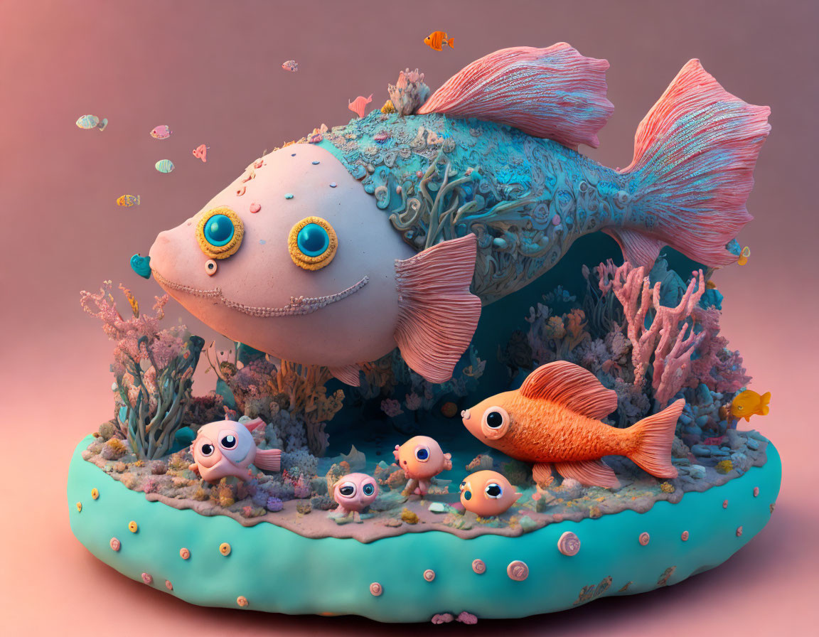 Colorful 3D illustration of friendly fish in coral reef