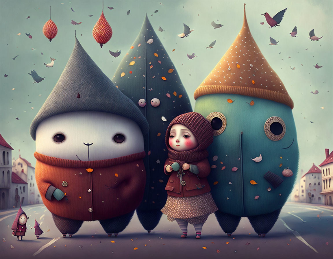 Whimsical illustration of girl in red hood with sentient thimble creatures in village setting