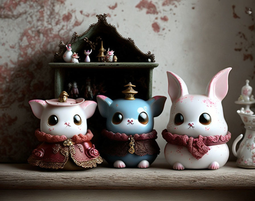 Three animal figurines with large eyes and ornate clothes on vintage wallpaper.