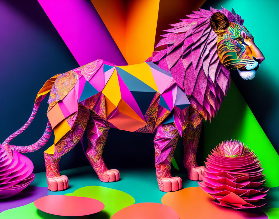 Vibrant lion artwork with geometric body on colorful abstract background