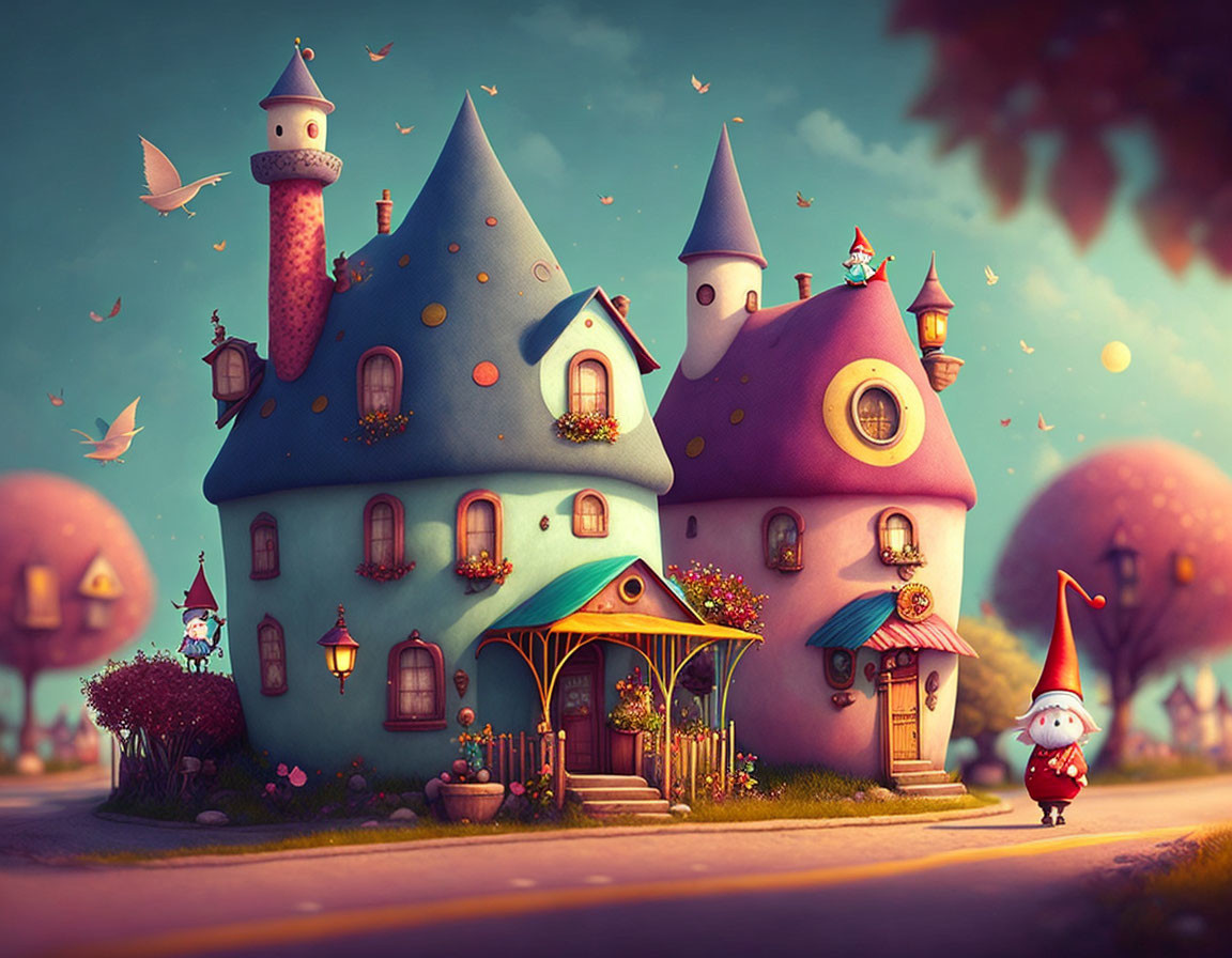 Colorful Mushroom Village with Gnomes and Vibrant Flora